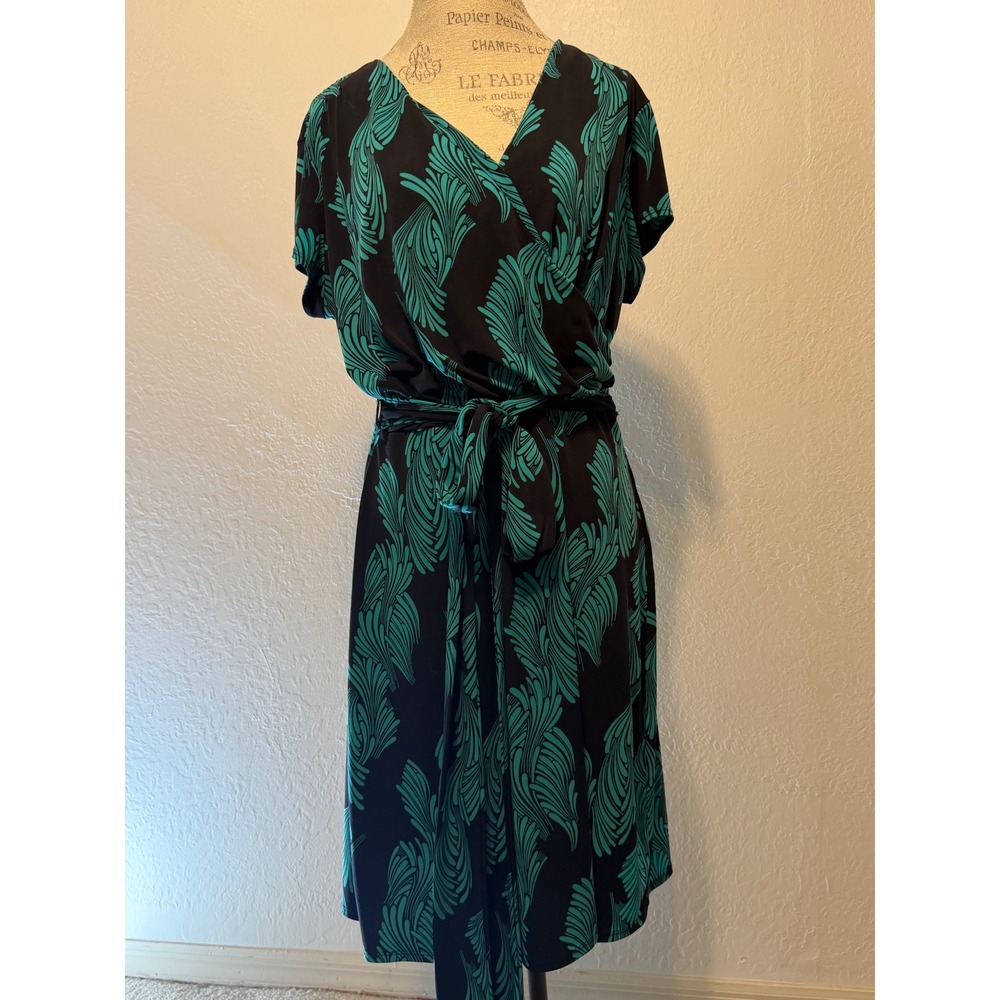 Nicole by Nicole Miller Teal Black Feather Print Faux Wrap Dress XL